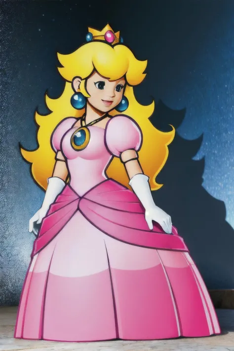 (Realistic:1.5) (masterpiece) 1girl, solo, long hair, smile, blonde hair, dress, jewelry, full body, earrings, white gloves, crown, pink dress, Standing with one arm extended out to the side and other hand on hip, <lora:EdobPaperPeach_v2.0:0.8>