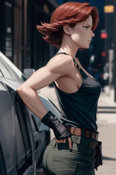 masterpiece, best quality, meryl, black tank top, belt, green pants, fingerless gloves, from side, serious expression, military base <lora:meryl-nvwls-v1-000010:0.9>