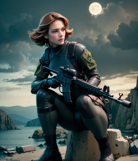 masterpiece, best quality,cgi, (realistic), extreme detail, 8k, 1girl, perfect face, extreme detail, <lora:meryl-nvwls-v1-final:0.75>, meryl crouching in water, night moon,sea, rocks, shoreline, black leather bodysuit, action pose, stormy seas <lyco:BetterGuns-V1:0.85>, holding rifle, shoulder holster, leather military harness, clouds,