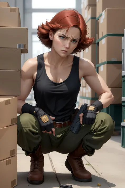 masterpiece, best quality, meryl, black tank top, belt, green pants, fingerless gloves, boots, crouching, holding pistol, furrowed brow, indoors, warehouse <lora:meryl-nvwls-v1-000010:0.9>