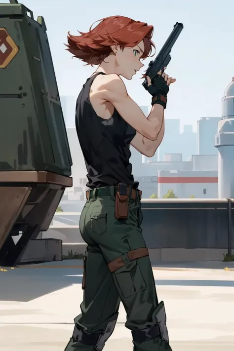 masterpiece, best quality, meryl, black tank top, belt, green pants, fingerless gloves, boots, standing, holding pistol with both hands, shooting, from side, military base <lora:meryl-nvwls-v1-000010:0.9>