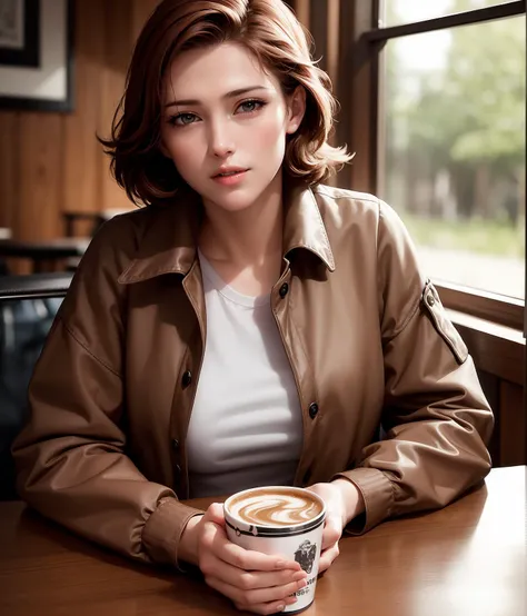 masterpiece, best quality,cgi, (realistic), extreme detail, 8k, 1girl, perfect face, extreme detail, <lora:meryl-nvwls-v1-final:0.75>, meryl sitting across table in coffe shop wearing brown raincoat with white shirt undeneath, cup of coffe on table, windows, jeans, pov