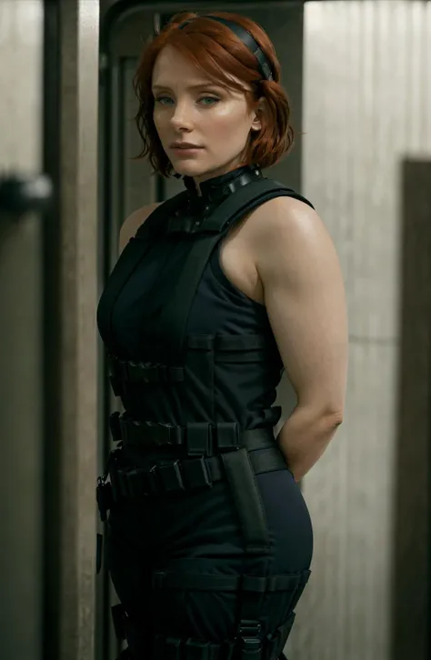 movie still of woman, company bathroom, (wide Shot), bryce dallas howard, <lora:bryce_dallas_howard_v1.0:1> , cinematic, full body, (freight elevator),( (symmetrical eyes)) (wet suit under (tactical vest)), (tactical pants), holding a gun, (green Headband), black eye shadow, (black eye liner), (red hair( short hair)), military, natural lighting, subsurface scattering, concrete background, masterpiece, ultra high res, 16:9, 35mm, film grain, one woman, <lora:meryl-nvwls-v1:1>