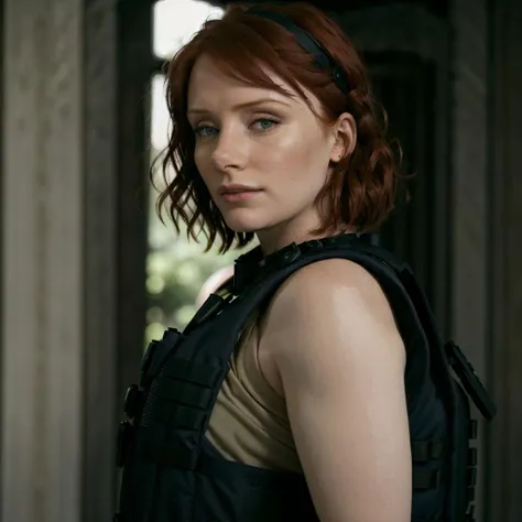 movie still of woman, company bathroom, (wide Shot), bryce dallas howard, <lora:bryce_dallas_howard_v1.0:1> , cinematic, full body, (freight elevator),( (symmetrical eyes)) (wet suit under (tactical vest)), (tactical pants), holding a gun, (green Headband), black eye shadow, (black eye liner), (red hair( short hair)), military, natural lighting, subsurface scattering, concrete background, masterpiece, ultra high res, 16:9, 35mm, film grain, one woman, <lora:meryl-nvwls-v1:1>