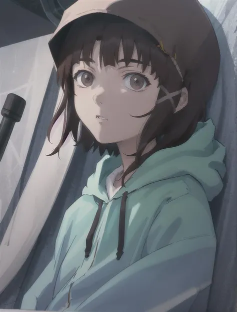 looking at viewer, (blue theme,)(Hand drawn style:1.2) (Highest picture quality),masterpiece,best quality,extremely detailed CG wallpaper, ultra_detailed,(high quality),(Cinematic Lighting:1.1),(Volumetric Lighting:1.1),(Celluloid), (solo focus),(1 girl), (cold face),a girl with brown eyes and a white shirt is staring at the camera with a serious look on her face, iwakura_lain, 1girl, hood, solo, brown_hair, hoodie, looking_at_viewer, short_hair, hood_down, upper_body,a x hair ornament,, masterpiece, best quality,