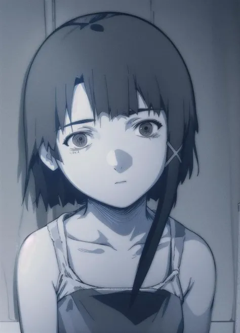 Ray reflection,looking at viewer, (blue theme,) (Highest picture quality),masterpiece,best quality,extremely detailed CG wallpaper, ultra_detailed,(high quality),(Cinematic Lighting:1.1),(Volumetric Lighting:1.1),(Celluloid), (solo focus),(1 girl), (cold face), (medium length (straight,hair),grey hair),hair bow, small breasts,a woman with a white shirt and black hair with a cross on her forehead and a white tank top, 1girl, solo, iwakura_lain, brown_eyes, brown_hair, collarbone, hairclip, hair_ornament, looking_at_viewer, closed_mouth, bangs, short_hair,a x hair ornament, monochrome, serafuku