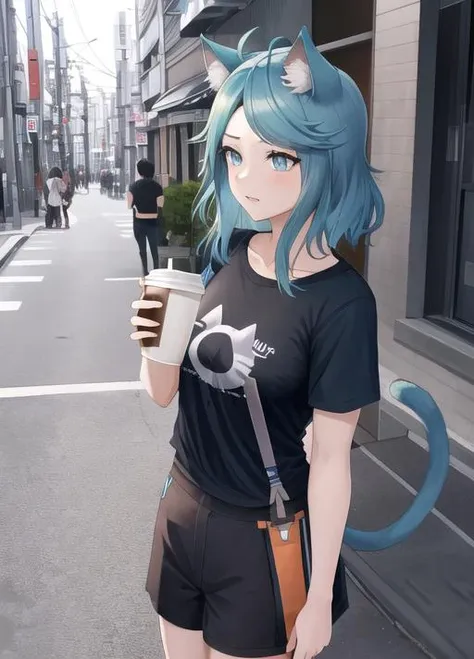 masterpiece, best quality, highres,  1girl,tokyo city background, monique,  tied t-shirt, shorts,(holding coffee), cat tail, <lyco:monique_v1:0.91>