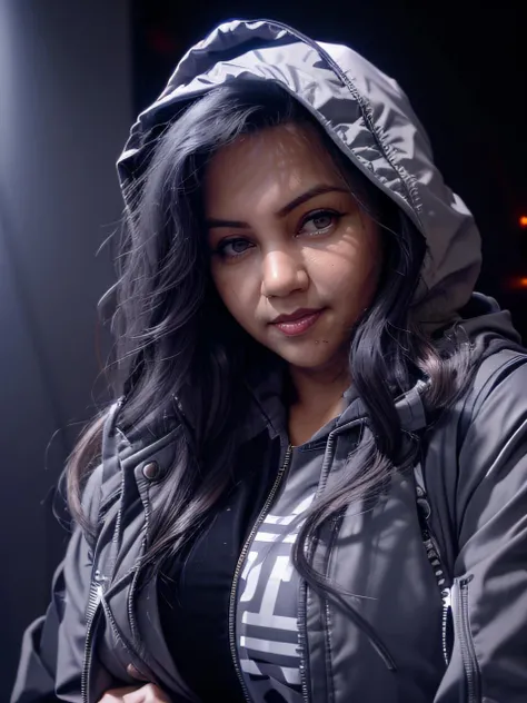 A Bangladeshi woman in unzipped hoodie jacket, open jacket, <lora:sultana2023:1> sultanax woman, dark skin, long hair, black hair, smile, skin fang, looking at viewer, (solid dark grey background:1.4), eye level shoot, film grain, style by Flora Borsi
