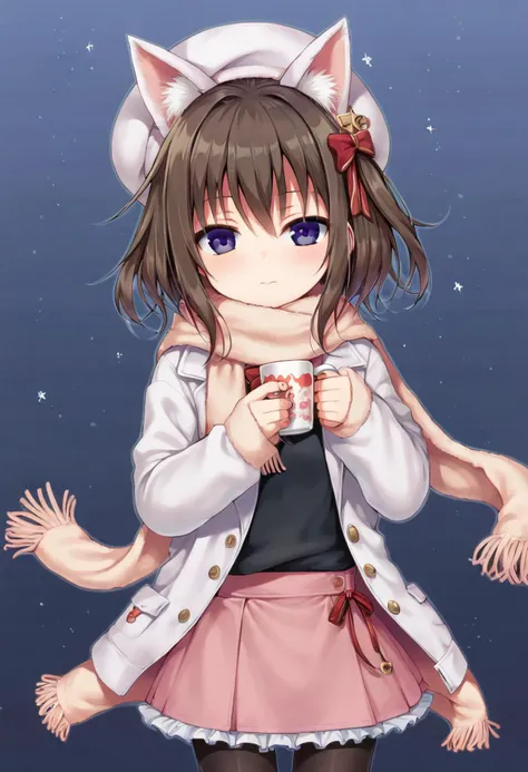score_9, score_7_up, 1girl,
mug, animal hat, solo, hat ornament, ribbon, white jacket, cup, frilled sleeves, brown hair, fur-trimmed sleeves, open clothes, pantyhose, pink scarf, animal ears, scarf, white hat, long sleeves, chibi, skirt, red ribbon, beret, jacket, fake animal ears, fur-trimmed jacket, ribbon trim, purple eyes, blush, holding, fur trim, hair between eyes, pink skirt, black shirt, holding cup, shirt, star \(symbol\), frills, open jacket, closed mouth
<lora:40010prototype-Style-PonyXL-DoRA-000041:1>