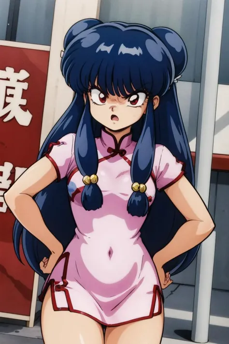 masterpiece,best quality,highres,<lora:shampoo_character (1):0.7>,1girl,solo,1980s \(style\),animification,china dress,angry,hands on hips,street,outdoors,