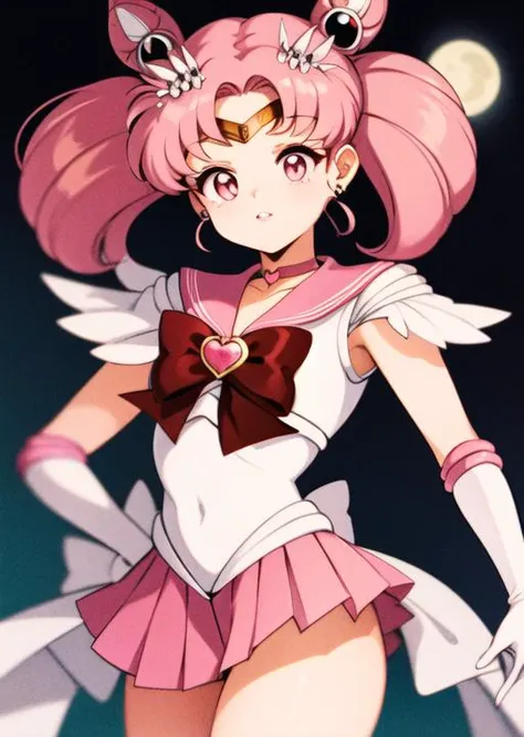 <lora:sailormoonchibi-lora-nochekaiser:1>,sailor moon chibi, cone hair bun, double bun, hair bun, hair ornament, (pink eyes:1.5), pink hair, short hair, twintails, (circlet:1.5), (parted bangs:1.5),BREAK bow, brooch, choker, earrings, elbow gloves, gloves, heart, heart brooch, magical girl, pink bow, pink choker, pink sailor collar, pink skirt, pleated skirt, sailor collar, sailor senshi uniform, skirt, stud earrings, white gloves, night, sky, moon,masterpiece, best quality, high resolution, (1990s \(style\):1.1),