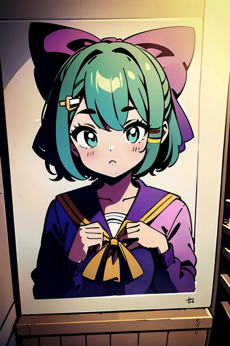 Green Short Hair Purple Bow Girl