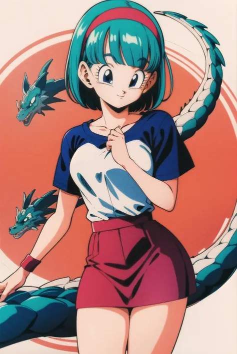 masterpiece,best quality,highres,<lora:bulma_v1:0.7>,1girl,solo,1980s \(style\),dragon ball,blmmid,aqua hair,medium hair,blunt bangs,red hairband,medium breasts,shirt,skirt,cowboy shot,kawanobe,smile,looking at viewer,