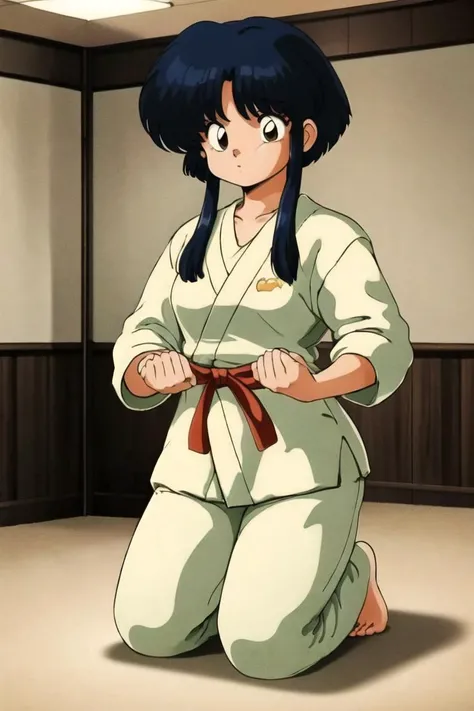 masterpiece,best quality,highres,1girl,solo,1980s \(style\),<lora:AkaneTendo_character-20:0.7>,Blue and black hair,indoors,karate gi,short hair with long locks,karate,kneeling,looking down,