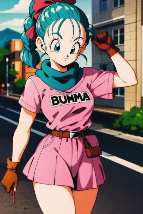 masterpiece,best quality,highres,<lora:bulma_v1:0.7>,1girl,solo,1980s \(style\),dragon ball,blmpony,aqua hair,hair ribbon,braided ponytail,pink shirt,belt,scarf,pink skirt,clothes writing,brown gloves,medium breasts,street,smile,