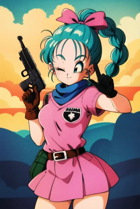 masterpiece,best quality,highres,<lora:bulma_v1:0.7>,1girl,solo,1980s \(style\),dragon ball,blmpony,aqua hair,hair ribbon,braided ponytail,pink shirt,belt,scarf,pink skirt,clothes writing,brown gloves,medium breasts,cowboy shot,outdoors,smile,With one eye closed,holding gun,looking at viewer,