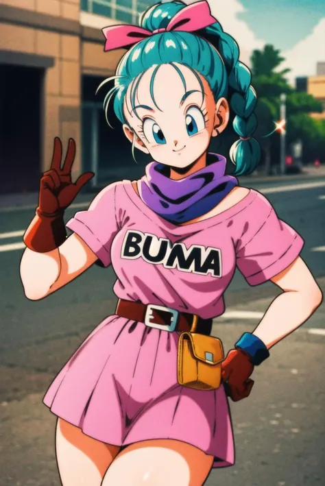 masterpiece,best quality,highres,<lora:bulma_v1:0.7>,1girl,solo,1980s \(style\),dragon ball,blmpony,aqua hair,hair ribbon,braided ponytail,pink shirt,belt,scarf,pink skirt,clothes writing,brown gloves,medium breasts,street,smile,