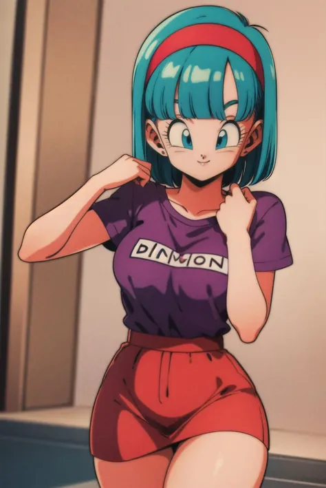 masterpiece,best quality,highres,<lora:bulma_v1:0.7>,1girl,solo,1980s \(style\),dragon ball,blmmid,aqua hair,medium hair,blunt bangs,red hairband,medium breasts,shirt,skirt,cowboy shot,kawanobe,smile,looking at viewer,