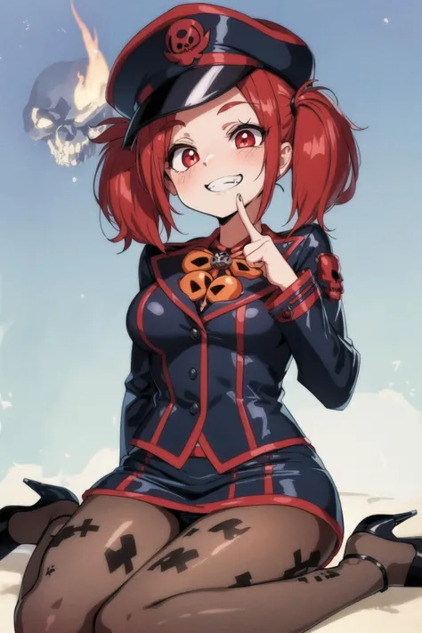 bluethebone, 1girl, solo, breasts, looking at viewer, smile, short hair, skirt, red eyes, hat, twintails, medium breasts, sitting, jacket, pantyhose, red hair, miniskirt, grin, uniform, high heels, wariza, fire, short twintails, skull, print legwear, evil smile, duel monster, whistle, skull and crossbones, skull print