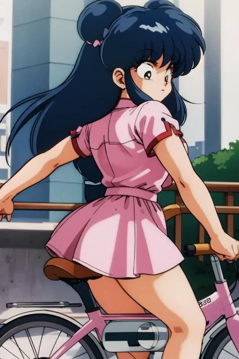 masterpiece,best quality,highres,<lora:shampoo_character (1):0.7>,1girl,solo,1980s \(style\),animification,outdoors,city,bicycle,rideback,from side,