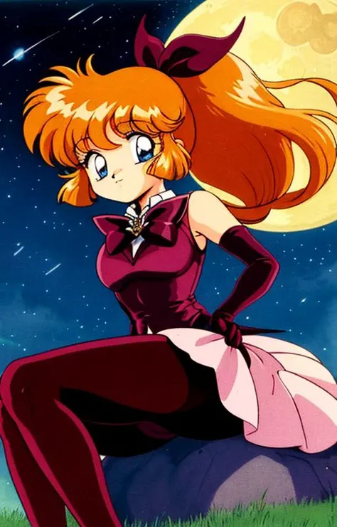 1980s \(style\), masterpiece, best quality, 1girl, solo, long hair, ponytail, bow, ribbon, blue eyes, orange hair, hair ribbon, very long hair, brown hair, gloves, elbow gloves, skirt, magical girl, black gloves, pantyhose, bowtie, sitting, <lora:LoRA_Haneoka:1>,night sky, large_moon