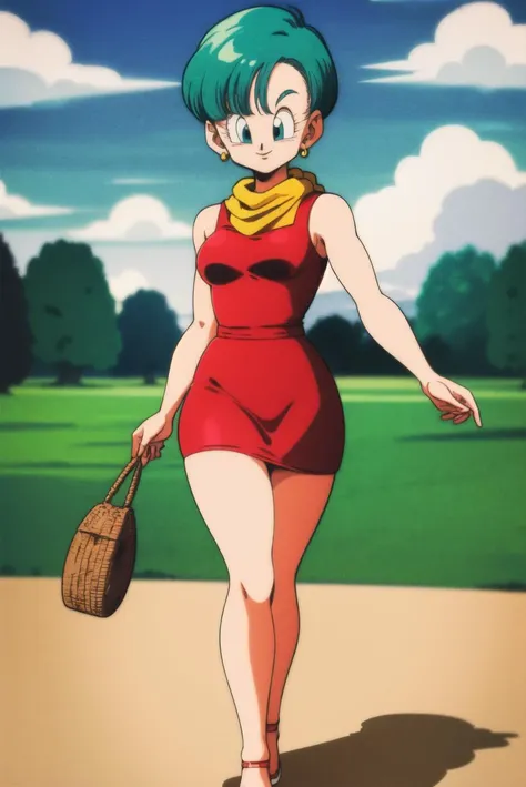 masterpiece,best quality,highres,<lora:bulma_v1:0.7>,1girl,solo,1980s \(style\),dragon ball,blmshort,aqua hair,very short hair,earrings,jewelry,red dress,medium breasts,yellow scarf,short dress,sleeveless,park,smile,looking at viewer,walking,