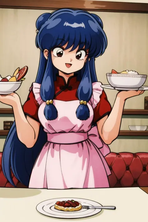 masterpiece,best quality,highres,<lora:shampoo_character (1):0.7>,1girl,solo,1980s \(style\),restaurant,holding food,smile,indoors,animification,coffgirl,