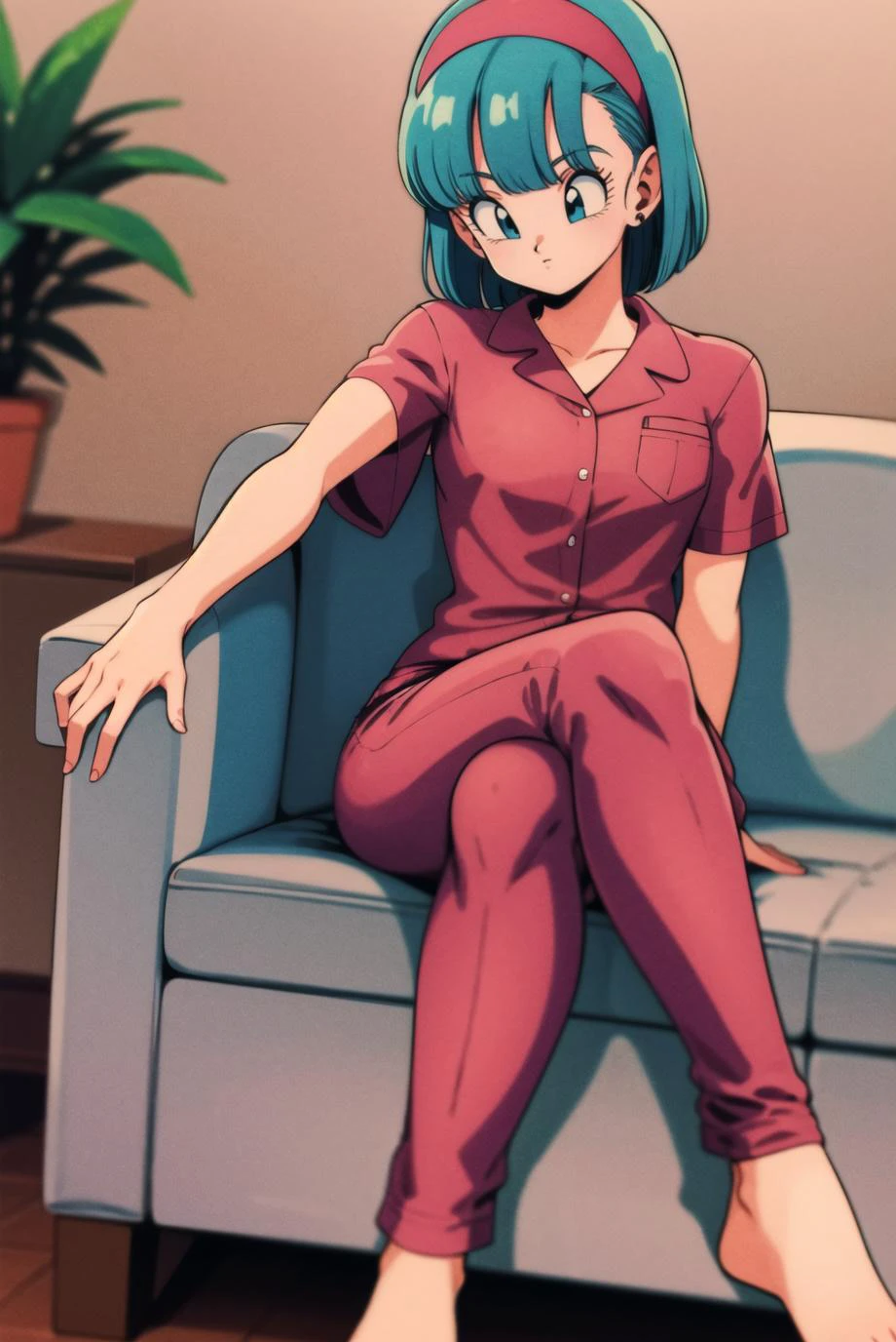 masterpiece,best quality,highres,<lora:bulma_v1:0.7>,1girl,solo,1980s \(style\),dragon ball,aqua hair,medium hair,blunt bangs,red hairband,medium breasts,pajamas,couch,sitting,crossed legs,see-through,