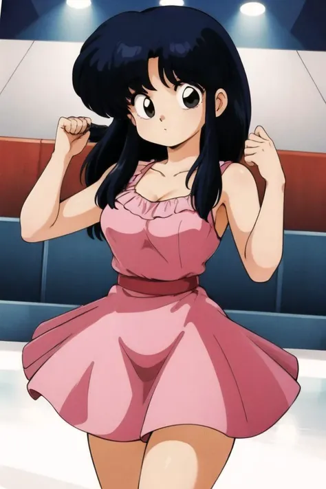 masterpiece,best quality,highres,1girl,solo,1980s \(style\),<lora:AkaneTendo_character-20:0.7>,Blue and black hair,short hair with long locks,figure skating dress,figure skating,skating rink,looking at viewer,cowboy shot,dynamic pose,
