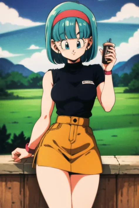 masterpiece,best quality,highres,<lora:bulma_v1:0.7>,1girl,solo,1980s \(style\),dragon ball,blmmid,aqua hair,medium hair,blunt bangs,red hairband,medium breasts,shirt,skirt,cowboy shot,outdoors,smile,dragon ball,holding,looking at viewer,