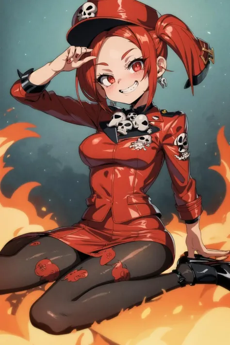 bluethebone, 1girl, solo, breasts, looking at viewer, smile, short hair, skirt, red eyes, hat, twintails, medium breasts, sitting, jacket, pantyhose, red hair, miniskirt, grin, uniform, high heels, wariza, fire, short twintails, skull, print legwear, evil smile, duel monster, whistle, skull and crossbones, skull print