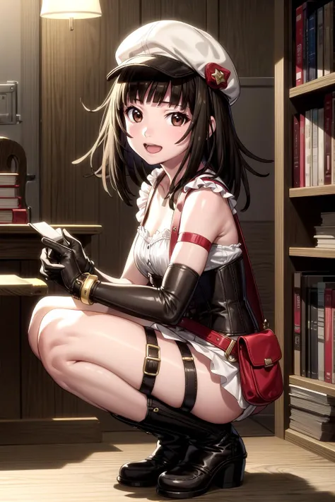 (masterpiece, best quality, detailed), 1girl, solo, nadeko01, medium hair, brown hair, brown eyes, bangs, blunt bangs, looking at viewer,
bag, belt pouch, cabbie hat, corset, gloves, pouch, shoulder bag, thigh holster, thigh strap, boots, suspenders, wristband, steampunk, indoors, library, bookshelf, book, book stack, squatting, from side, open mouth, smile