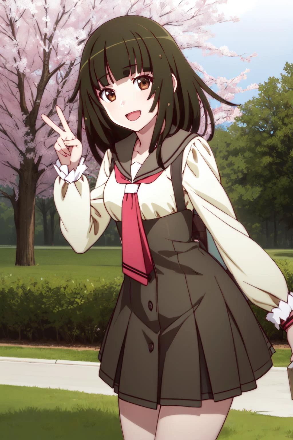 1girl, solo, looking at viewer,
nadeko01, medium hair, brown hair, brown eyes, bangs, blunt bangs, skirt, collarbone,
school uniform, serafuku, long sleeves, necktie,
smile, open mouth, cowboy shot,
v, peace sign, park, flowers, trees,
<lora:nadeko-sengoku-v1:0.9>