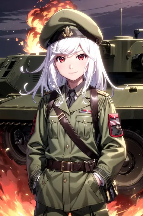1girl, alpha1918, military clothes, military skirt, pencil skirt, long boots, medals, white hair, curls, (tank at background), stockings, boots, armored vehicle, military vehicle, forest, standing, red eyes