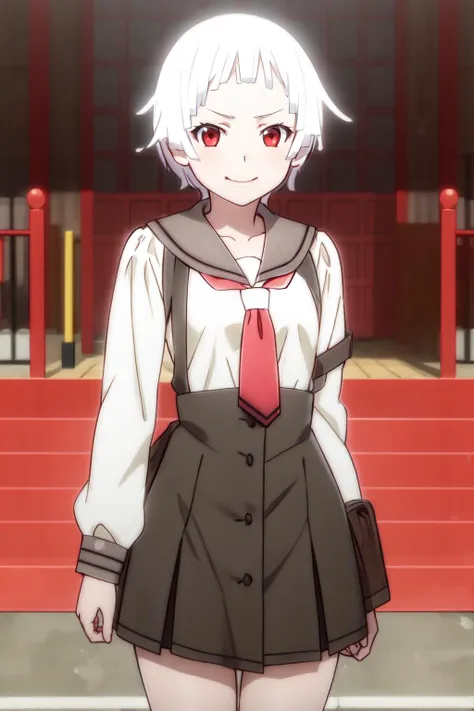 <lora:nadeko-sengoku-v1:0.9> nadeko02, 1girl, solo, looking at viewer,
short hair, red eyes, white hair, bangs, blunt bangs,
smirk, smug, hand on hip,
skirt, long sleeves, school uniform, collarbone, white shirt, serafuku, blunt bangs, sailor collar, neckerchief,necktie,suspenders,
temple, torii,