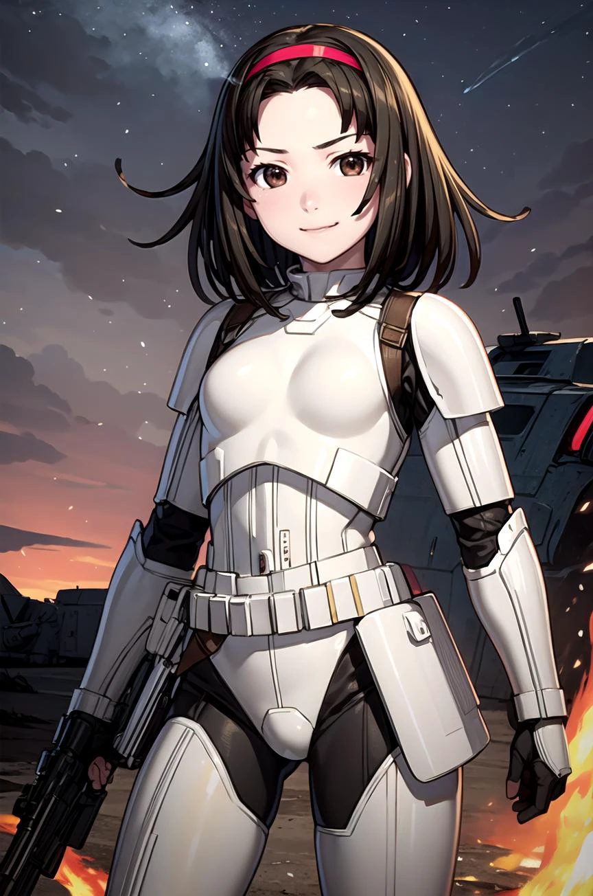 (masterpiece, best quality, detailed), 1girl, solo, looking at viewer, <lora:nadeko-sengoku-v1:0.9>, nadeko01, medium hair, brown hair, brown eyes, hairband, forehead, <lora:StormTrooper:1>, stormtrooper, armor, world war ii, war, military vehicle, battlefield, battle, dust, smoke, burning, fire, red sky, explosion, contrapposto, smile, closed mouth, smug