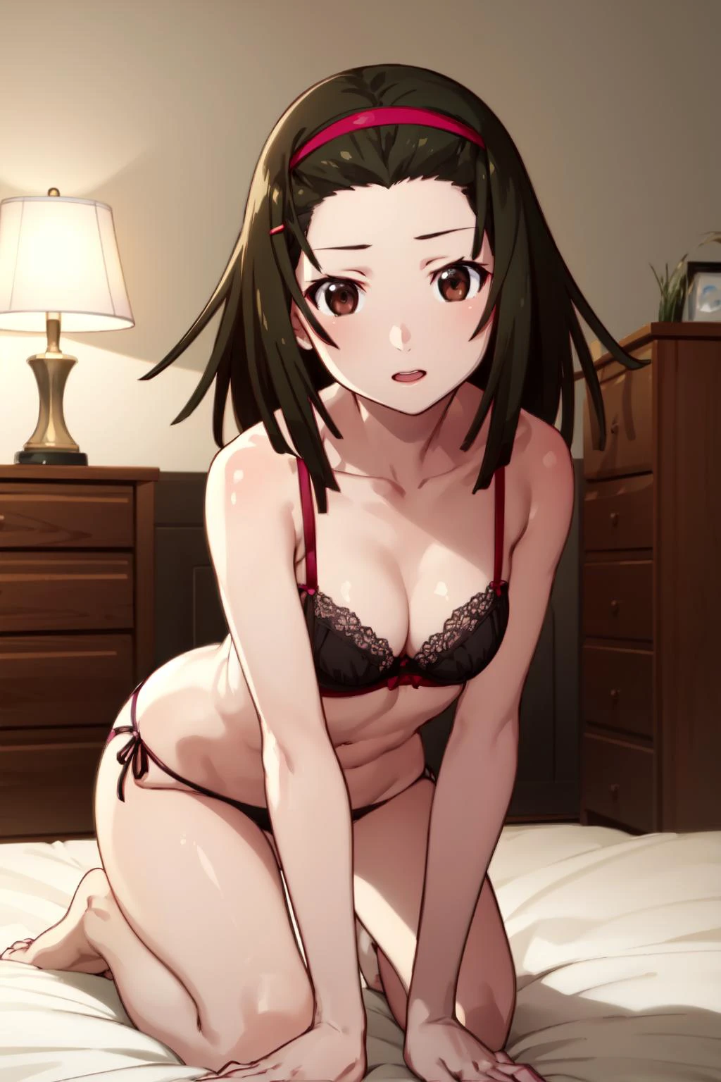 <lora:nadeko-sengoku-v1:0.9> nadeko01, medium hair, brown hair, brown eyes, hairband, forehead,
black bra, black panties,
bedroom, bed, furniture,