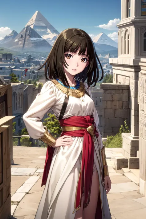 (masterpiece, best quality, detailed), 1girl, solo, nadeko01, medium hair, brown hair, brown eyes, bangs, blunt bangs, looking at viewer, 
<lora:AncientEgyptianClothes:1> ancient egyptian clothes, outdoors, mountain, castle, fantasy, scenery, sky, hands on hips, parted lips