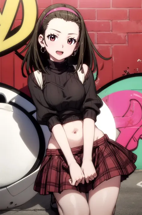 (masterpiece, best quality, detailed), 1girl, solo, nadeko01, medium hair, brown hair, brown eyes, hairband, forehead, looking at viewer,
turtleneck sweater, earrings, midriff, groin, skirt, ribbed sweater, casual, round eyewear, <lora:CONCEPT_graffiti_wall_ownwaifu:0.7>, CONCEPT_graffiti_wall_ownwaifu, www.ownwaifu.com, (graffiti:1.2), brick wall, <lora:breasts_squeezed_together_v0.2:1> (breasts squeezed together, v arms), open mouth, smile