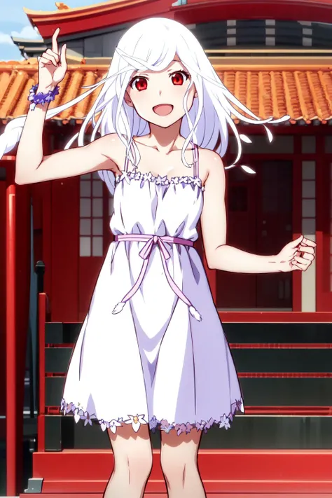 <lora:nadeko-sengoku-v1:0.9> nadeko02, 1girl, solo, looking at viewer,
long hair, red eyes, white hair, (snake hair, medusa,) bare shoulders, collarbone, white dress,
smile, open mouth,
temple, torii,