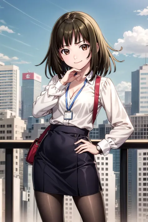 (masterpiece, best quality, detailed), 1girl, solo, nadeko01, medium hair, brown hair, brown eyes, bangs, blunt bangs, looking at viewer,
office lady, collared shirt, cleavage, pencil skirt, brown pantyhose, lanyard, skirt suit, bra visible through clothes, wristwatch, outdoors, rooftop, day, cityscape, blue sky, cloud, scenery, railing, <lora:OjouSamaPose:1>, ojou-sama pose, smile, closed mouth, hand on hip, smug