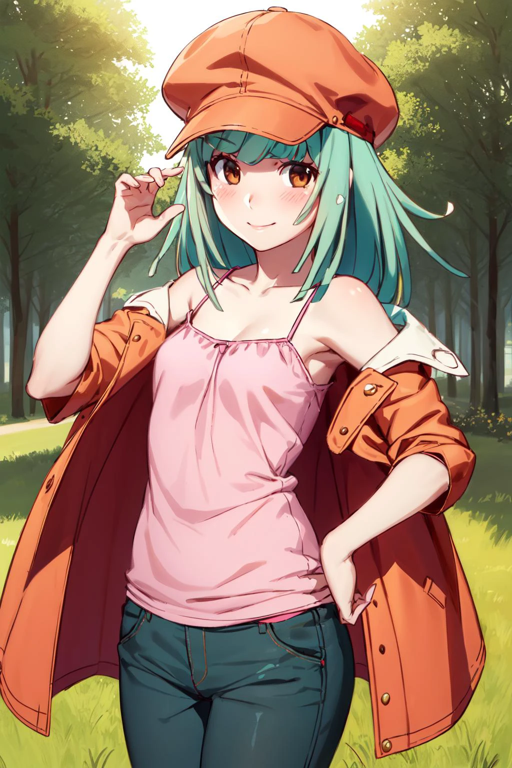 <lora:nadeko-sengoku-v1:1> 1girl,
nadeko01, solo, medium hair, blush, smile, bangs, closed mouth, collarbone, green hair, brown eyes, smile, sengoku nadeko, orange hat, cabbie hat, hand on hip, jacket on shoulders, orange jacket, blue pants, pink camisole,
outside, park, trees, grass,