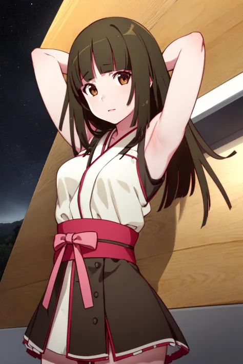 1girl, solo, looking at viewer,
nadeko01, medium hair, brown hair, brown eyes, bangs, blunt bangs, medium breasts,
japanese clothes,
spread arms,
night,
space, stars,
<lora:nadeko-sengoku-v1:0.9>