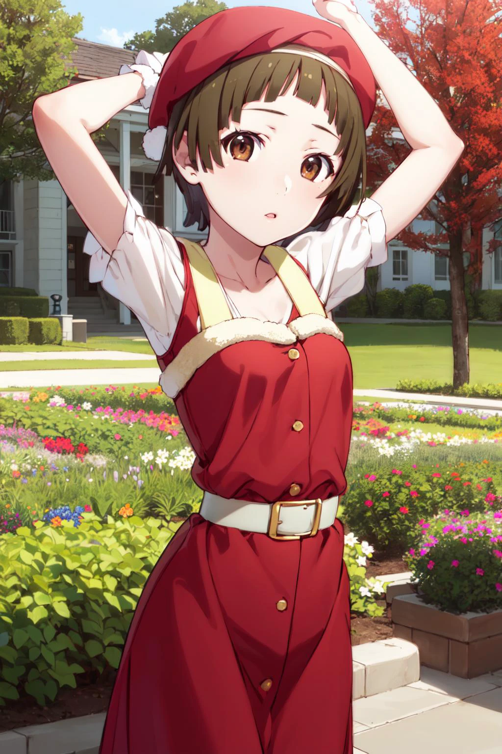 1girl, solo, looking at viewer,
nadeko01,short hair, blunt bangs, brown hair, brown eyes, small breasts,
santa costume, beret,
arms up,
afternoon,
garden, flowers, trees,
<lora:nadeko-sengoku-v1:0.9>