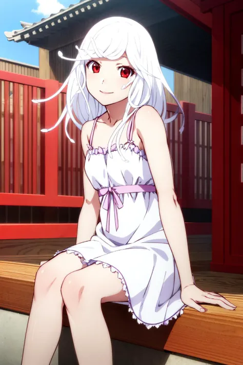 <lora:nadeko-sengoku-v1:0.9> nadeko02, 1girl, solo, looking at viewer,
long hair, red eyes, white hair, (snake hair, medusa,) bare shoulders, collarbone, white dress,
sitting, smile,
temple, torii,