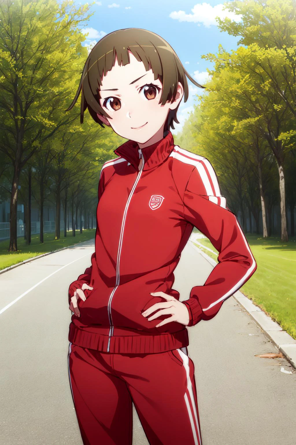 <lora:nadeko-sengoku-v1:0.9> nadeko01, 1girl, solo, looking at viewer,
short hair, blunt bangs, brown hair, brown eyes,
track jacket, track suit, track pants, red pants, red track suit,
smile, hands on hips,
park, trees, path,