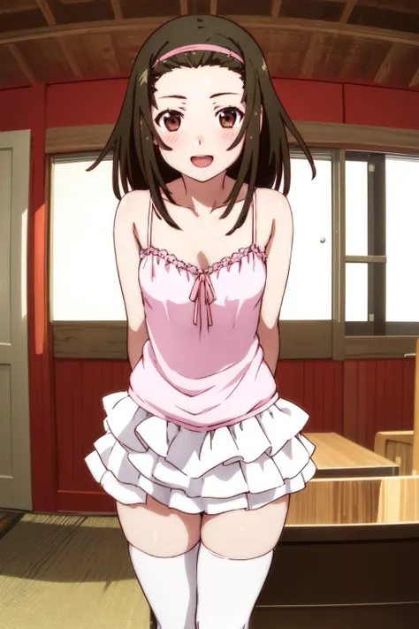 <lora:nadeko-sengoku-v1:0.9> nadeko01, 1girl, solo, looking at viewer,
medium hair, brown hair, brown eyes, hairband, white skirt, forehead, thighhighs, bare shoulders, white thighhighs, zettai ryouiki, frilled skirt, camisole, pink camisole, layered skirt, open mouth, blush,
smile, arms behind back, standing, leaning forward, cowboy shot,
inside, living room,
