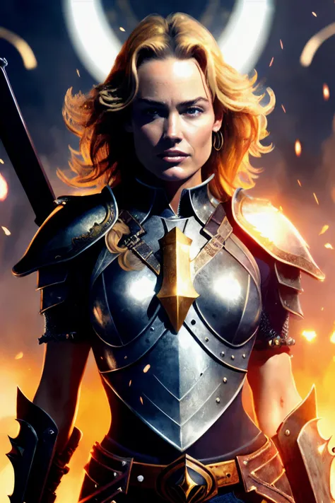 1girl, cowboy shot of beautiful kellyc1 paladin, yellow eyes, windblown long blonde hair, white heavy armor, sword, pauldrons, glowing halo, temple indoors, volumetric lighting, best quality, masterpiece