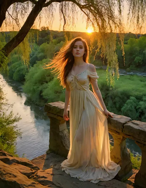 In the soft embrace of twilight, Myra, a captivating young woman with eyes sparkling like stars against a velvet sky, stands on the precipice of an ancient stone bridge arching over a tranquil river, its surface mirroring the pastel hues of the setting sun. Her delicate fabric of her ivory dress billows gently in breeze, the hem trailing into water below as if inviting river to claim it for itself. Long gnarled branches of a weeping willow tree casting shadows across ground capture ethereal beauty scene from vantage point low distant. Her hair cascades down back like waterfall of moonlit silk, adorn with single fragile wildflower nestled behind ear. Warm light of the setting sun filters through leaves illuminating her face in divine glow while background tapestry greens and oranges of forest. A sense of melancholy lingers air as if Myra woman stands lost thoughts gazing out over horizon line where sun sets sky merges water, creating breathtaking tableau nature beauty. <lora:yiiwhr18fb653bce9ua:1>