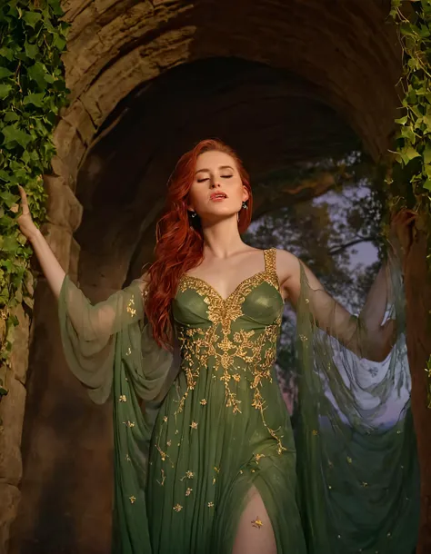 In the soft ethereal twilight, Myra, her silhouette delicately framed by an antiquated ivy-covered stone archway, stands resplendent in a flowin green gown adorned with delicate gold embroidery and cascade of pearls. Her fiery red hair artfully disheveled billows gently in the evenibg breeze as it caresses her face revealing a contueneance that embodies both the serene tranquility of an angel and the fierce determenation of a warrior queen. The golden hues of sunset, casting their warm enchanting glow upon the lux verdant landscape of an ancient forest batheses her in a celestial light that highlights the tender curve of her cheekbones, the delicate arch of her eyebrows and the sultry allure lips. A camera captures this breathtaking moment from low angle looking upwards as if to pay homage to the ethereal beauty that stands before us, her arms outstretched palms turned skyward, gaze lost a far off distance as if the very stars themselves have come to embrace and protect her from the darkness that lurks within the shadows. A delicate veil of mist clings to her giving an added ethereal glow as if the forest sprites themselves come to embrace her beauty. <lora:yiiwhr18fb653bce9ua:1>